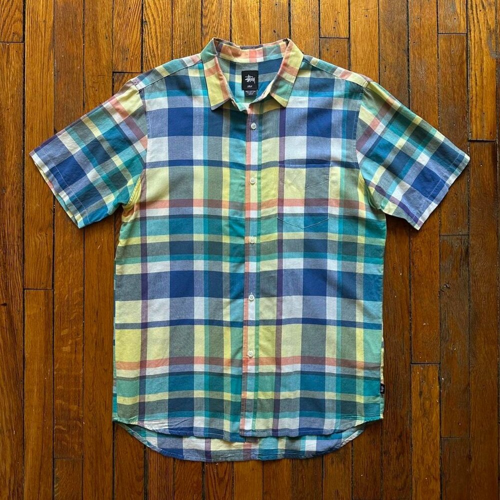 Stussy Summer Plaid Camp Button Up Shirt Men Large Multicolor‎ Skater Preppy